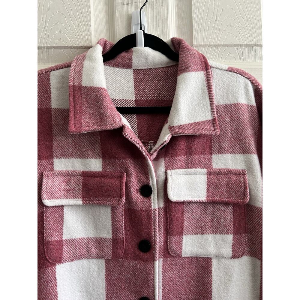 Pink White Plaid Check Buffalo Print Flannel Midi Button Long Shacket Jacket XL - Picture 6 of 11